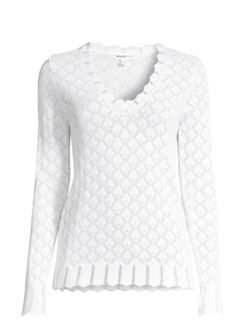 MINNIE ROSE White Pointelle V-Neck Sweater with Scalloped Trim Size L